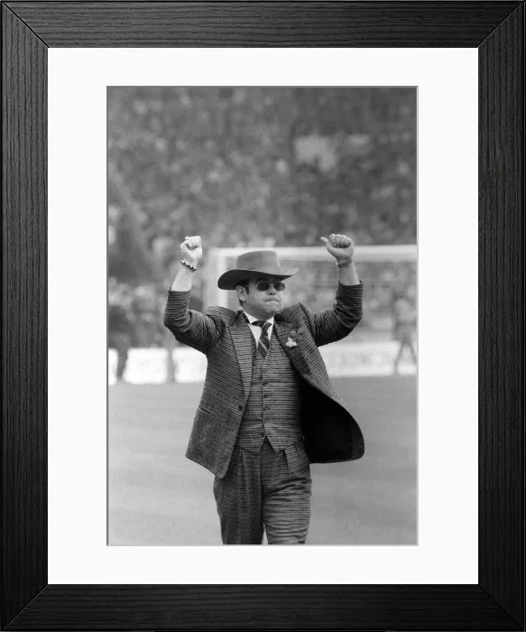 Framed Print : Elton John chairman of Watford on Wembley pitch 1984 before kick off of FA cup Framed Print : Elton John chairman of Watford on Wembley pitch 1984 before kick off of FA cup