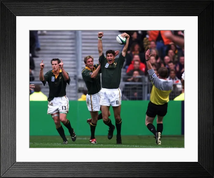 Framed Print : Pieter Rossouw Rugby Union player of South Africa Oct 1999 celebrates after scoring