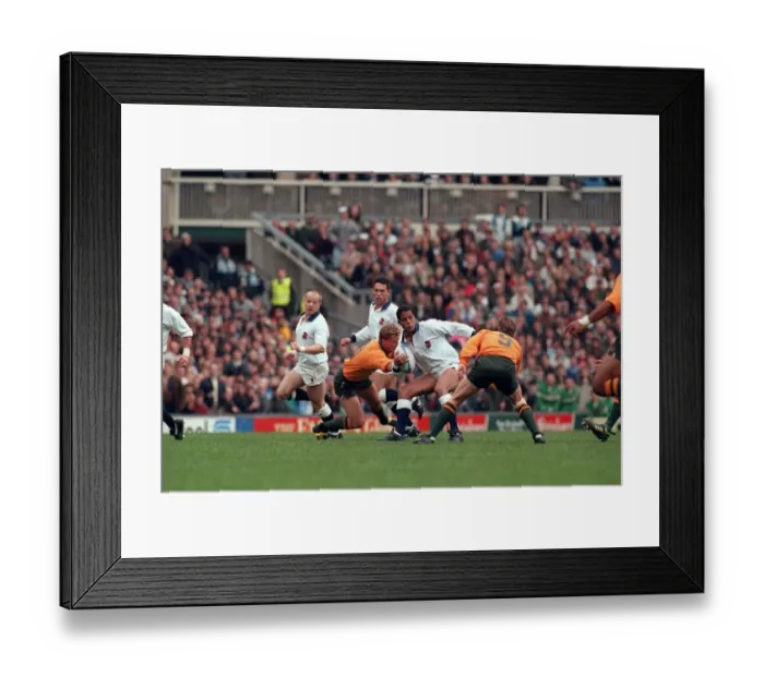Framed Print : Rugby world cup 1991 England v Australia Jeremy Guscott in tackle with australian defence Framed Print : Rugby world cup 1991 England v Australia Jeremy Guscott in tackle with australian defence