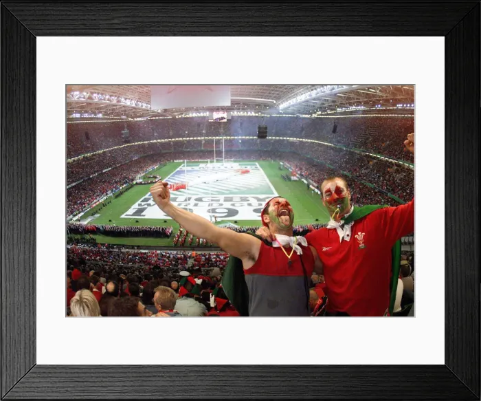 Framed Print : Rugby Union World Cup 1999 Opening Ceremony Oct 1999 Wales supporters dressed Framed Print : Rugby Union World Cup 1999 Opening Ceremony Oct 1999 Wales supporters dressed