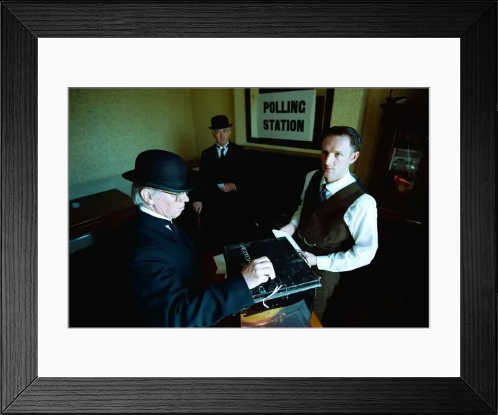 Framed Print : Left John Proud, voter, Bill turnbull, voter, and RobertTthompson, Polling Officer