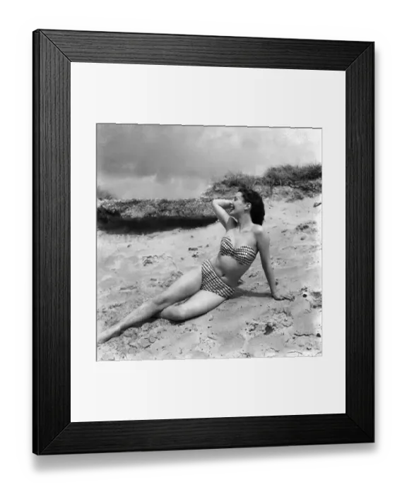 Framed Print : Clothing holiday fashions 1953 Model. Audrey hodgelass seen here modelling a bikini Framed Print : Clothing holiday fashions 1953 Model. Audrey hodgelass seen here modelling a bikini