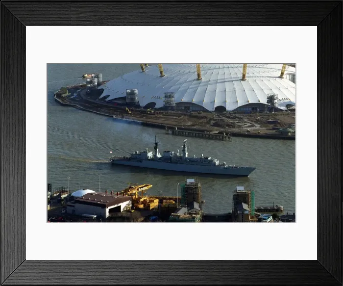 Framed Print : Ships HMS London sails past the Millennium Dome Jan 1999 to her final mooring place