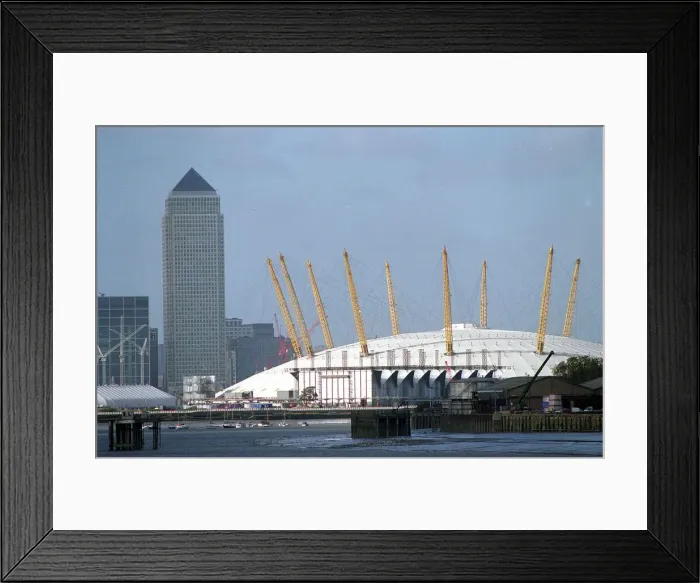 Framed Print : Millennium Dome and Canary Wharf London Nov 1999 pictured from the Thames Barrier Framed Print : Millennium Dome and Canary Wharf London Nov 1999 pictured from the Thames Barrier
