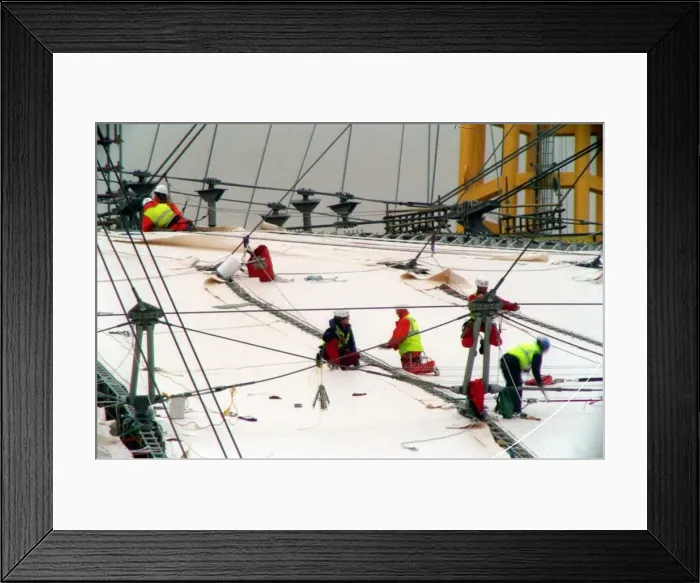 Framed Print : Millennium Dome Greenwich. April 1998 Workmen start to stretch the cover over Framed Print : Millennium Dome Greenwich. April 1998 Workmen start to stretch the cover over