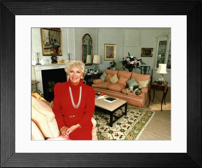 Framed Print : Katie Boyle columnist relaxing at home wearing red top Framed Print : Katie Boyle columnist relaxing at home wearing red top