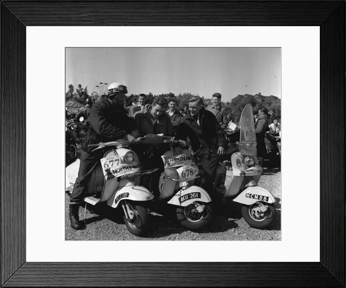 Framed Print : Scooter rally 1958 Three men looking at map. A scooter rally in the North East of Framed Print : Scooter rally 1958 Three men looking at map. A scooter rally in the North East of