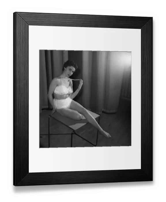 Framed Print : Mink fur bikini 1954 worn by Jackie Lee at fashion show Stoke Newington town hall