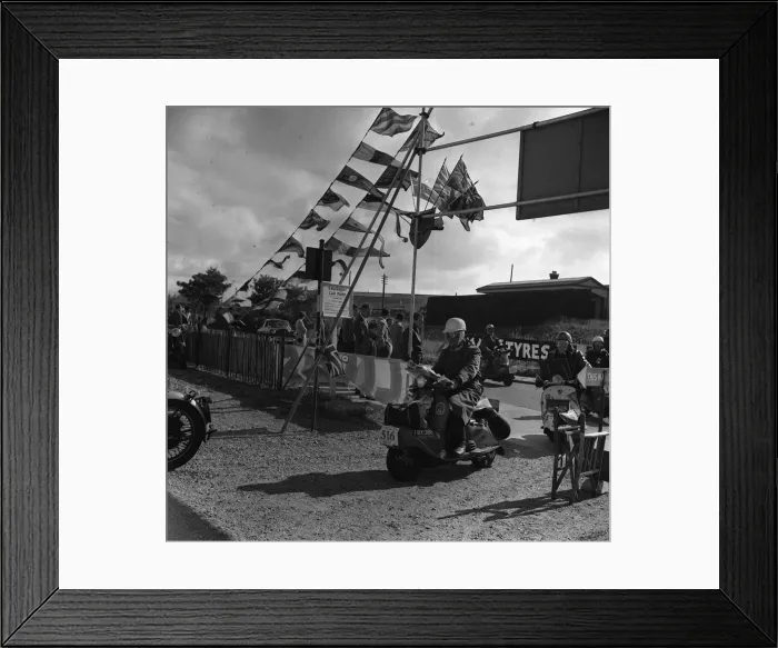 Framed Print : Scooter rally 1958 Scooters crossing Start Finish Last one there Framed Print : Scooter rally 1958 Scooters crossing Start Finish Last one there
