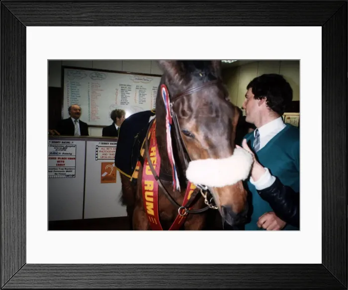 Framed Print : Red Rum with his lad at Surrey Racing in Woking Surrey Framed Print : Red Rum with his lad at Surrey Racing in Woking Surrey