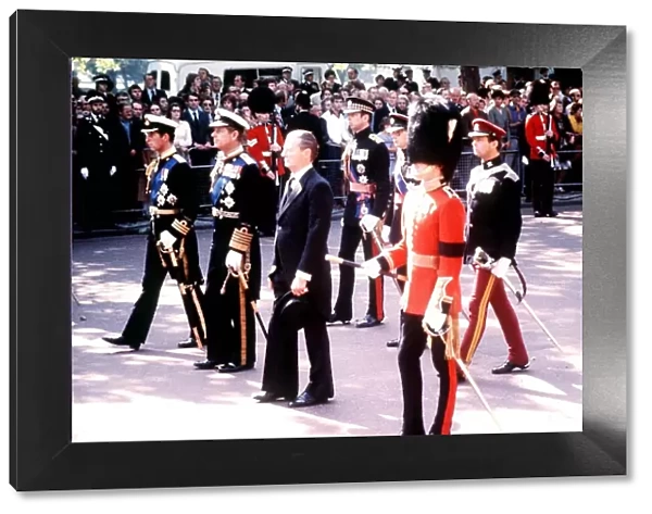 Prince Charles, Prince Philip and designer David Hicks D at the funeral of Lord