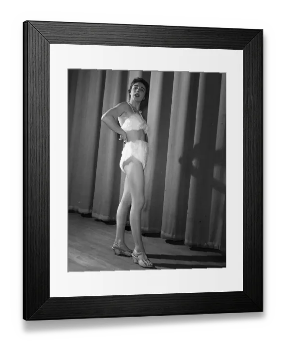 Framed Print : Mink fur bikini 1954 worn by Jackie Lee at fashion show Stoke Newington town hall