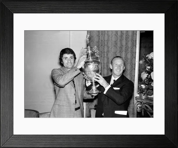 Framed Print : Arsenals Frank McLintock & Bertee Mee at party 1971 celebrating winning Framed Print : Arsenals Frank McLintock & Bertee Mee at party 1971 celebrating winning