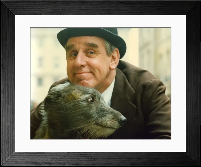 Framed Print : Wooly the RSC dog, Lurcher, with stage master actor Richard Moore Framed Print : Wooly the RSC dog, Lurcher, with stage master actor Richard Moore