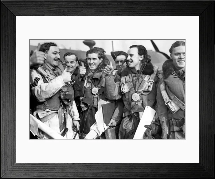 Framed Print : Thumbs up from crew members of the Wellington plane at an RAF air base January 1940 Framed Print : Thumbs up from crew members of the Wellington plane at an RAF air base January 1940