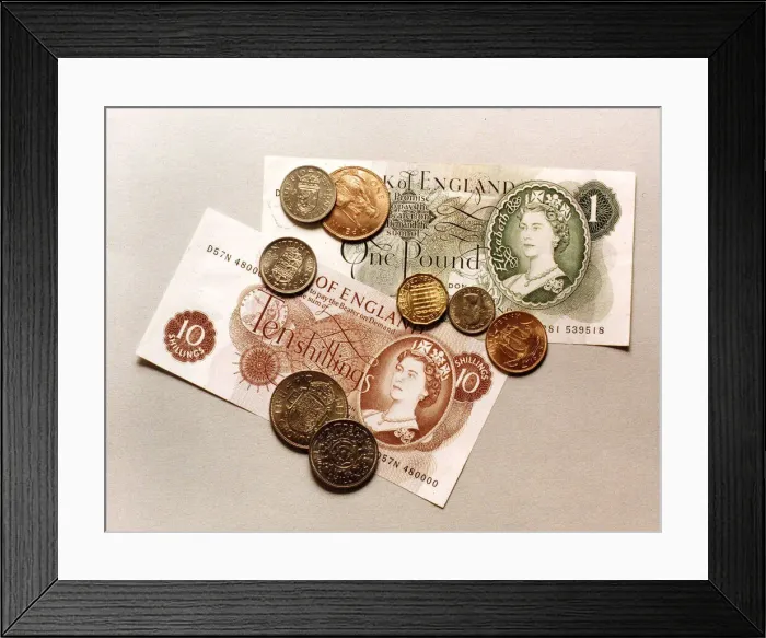 Framed Print : Banknotes and coins pre decimalisation vfr1 Framed Print : Banknotes and coins pre decimalisation vfr1