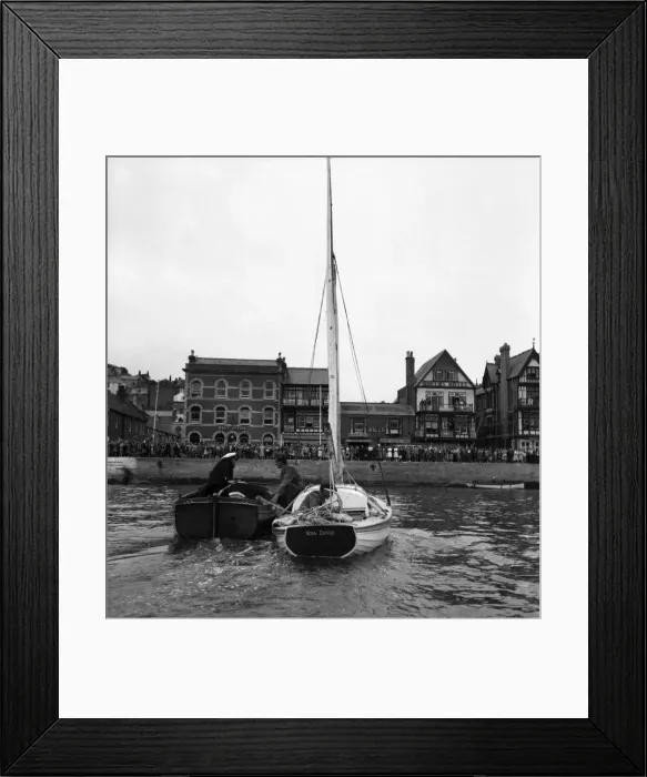 Framed Print : Smith brothers arrive at Dartmouth in man-made Yacht. August 1949 O19800-003 Framed Print : Smith brothers arrive at Dartmouth in man-made Yacht. August 1949 O19800-003