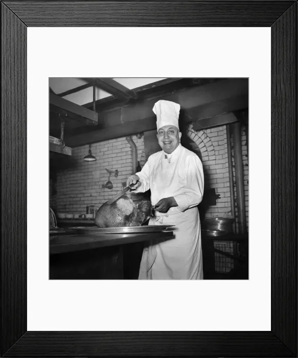 Framed Print : Monsieur Alban, lead chef at Savoy Hotel, with turkey. December 1949 O21983