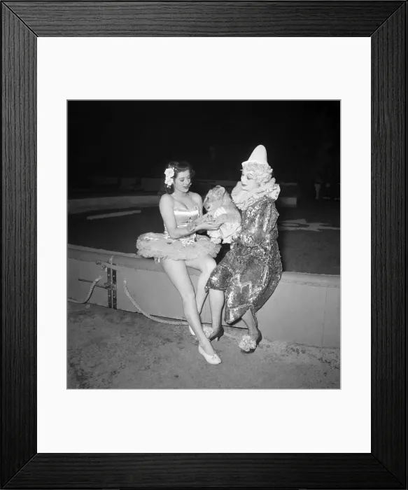 Framed Print : Lion Cub with Performers. Female clown and ballerina. December 1948 O16187-002