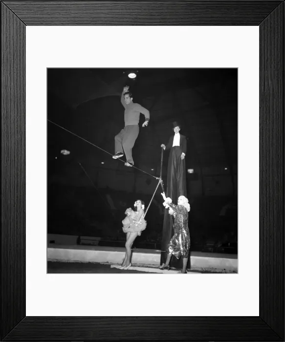 Framed Print : Tightrope Walker. December 1948 O16187 Framed Print : Tightrope Walker. December 1948 O16187