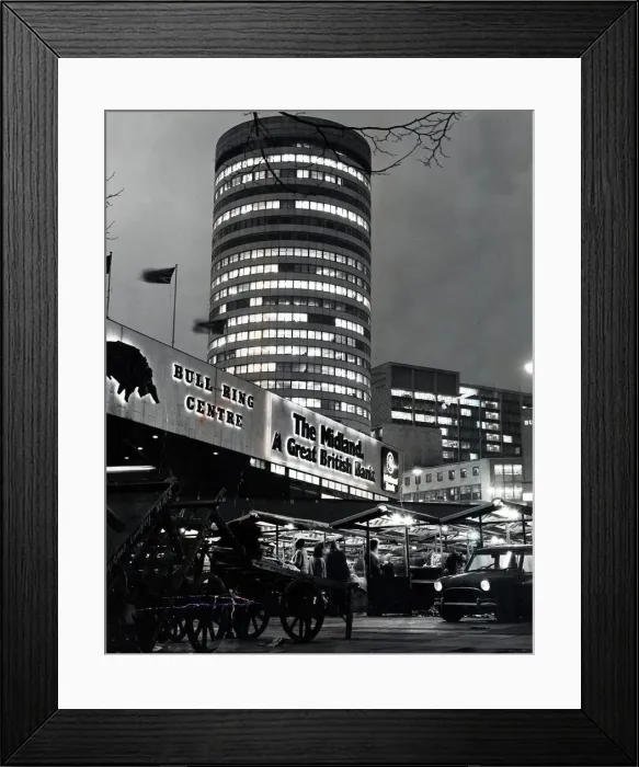 Framed Print : The Bull Ring market at night overlooked by the Rotunda. 1986