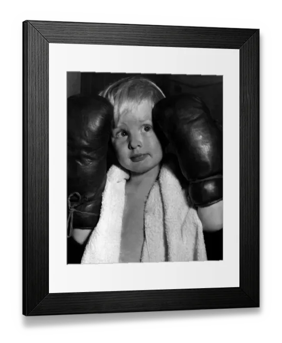 Framed Print : Children - Boys Boxing Young boy wearing boxing gloves, towel around his neck