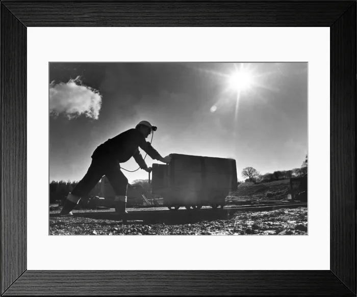 Framed Print : A staff member dressed as a miner pushing a bogie at Beamish Museum Framed Print : A staff member dressed as a miner pushing a bogie at Beamish Museum