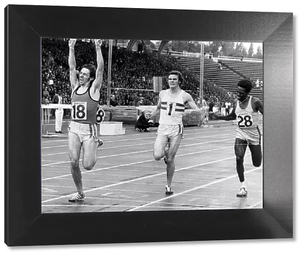 Steve Ovett crossing the finishing line to win the 800m final in the A. A. A
