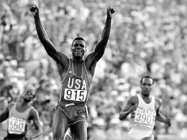Los Angeles 1984 Carl Lewis celebrates after winning the Mens 100 metres final at