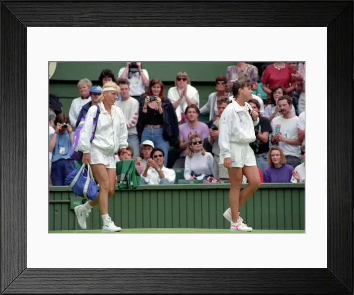 Framed Print : Wimbledon Tennis. J. Capriati and Navratilova walk onto the court. July 1991 91-4197-103