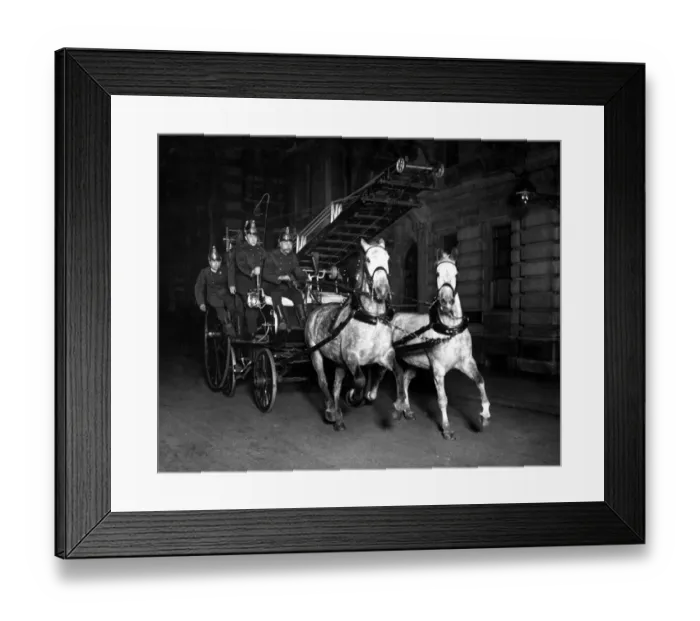 Framed Print : Horse-Drawn Fire Engine with escape ladder. April 1914 Framed Print : Horse-Drawn Fire Engine with escape ladder. April 1914