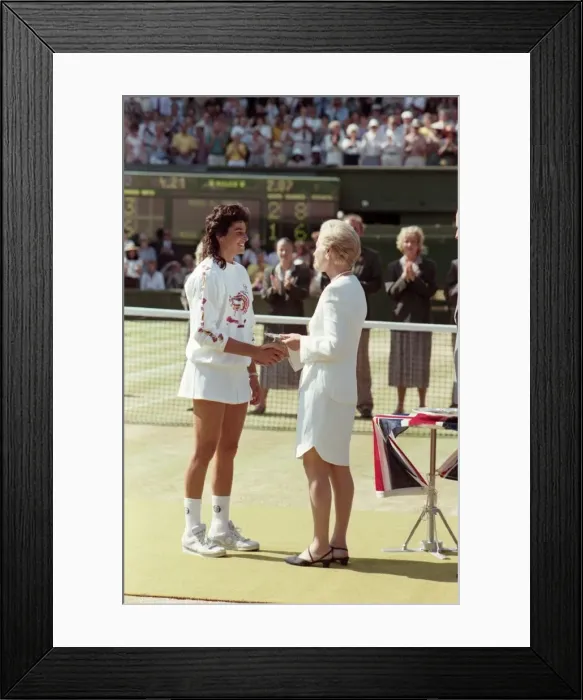 Framed Print : Wimbledon Ladies Final. Runners up Trophy presented to Gabriella Sabatini by Duchess of Framed Print : Wimbledon Ladies Final. Runners up Trophy presented to Gabriella Sabatini by Duchess of