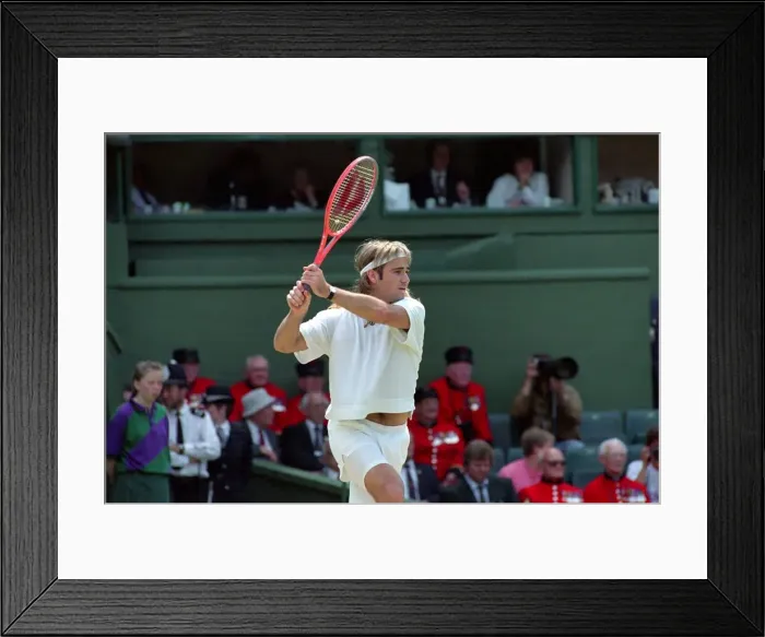 Framed Print : Wimbledon Tennis. Andre Agassi in action. July 1991 91-4218-055 Framed Print : Wimbledon Tennis. Andre Agassi in action. July 1991 91-4218-055