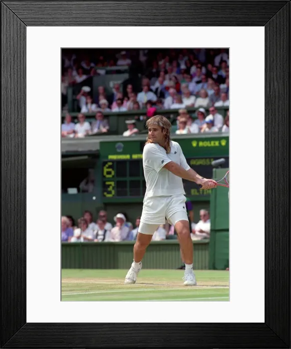 Framed Print : Wimbledon Tennis. Andre Agassi in action. July 1991 91-4218-037 Framed Print : Wimbledon Tennis. Andre Agassi in action. July 1991 91-4218-037