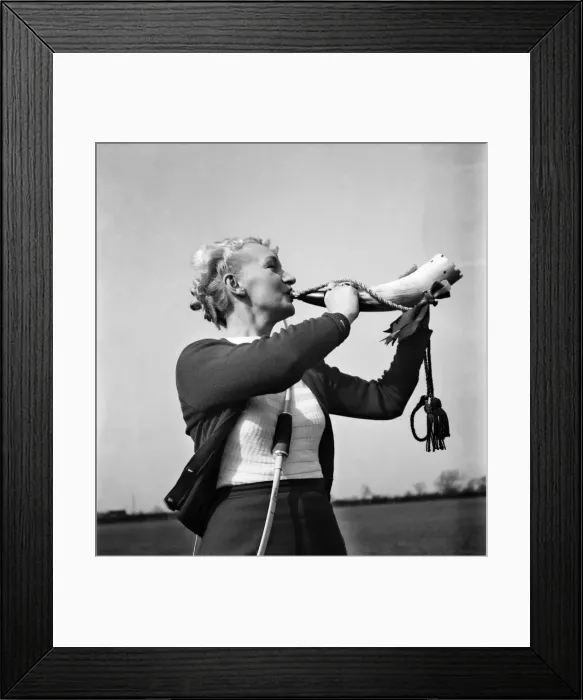 Framed Print : Mrs. Florence Suthers of the North Cheshire Bowmen blowing the foresters horn which was Framed Print : Mrs. Florence Suthers of the North Cheshire Bowmen blowing the foresters horn which was