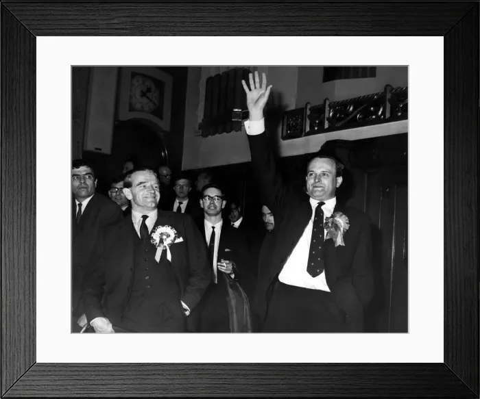 Framed Print : General Election 1966: Labour candidate Rowland Moyle acknowledges the cheers of his Framed Print : General Election 1966: Labour candidate Rowland Moyle acknowledges the cheers of his