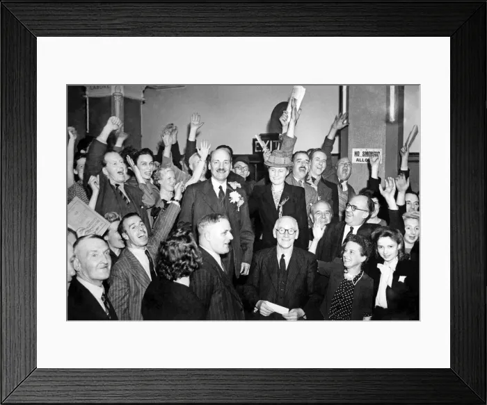 Framed Print : New Prime Minister Clement Attlee celebrates with supporters after labour Framed Print : New Prime Minister Clement Attlee celebrates with supporters after labour