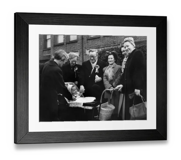 Framed Print : General Election 1950: Mr. and Mrs. Herbert Morrison chat with baby John Carlisle