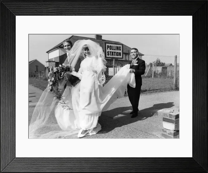 Framed Print : General Election 1970: Marilyn Bath arrives to vote - just after getting married