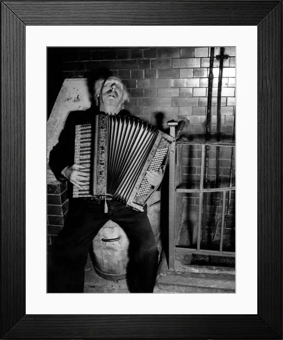 Framed Print : Buskers. Standing all day with an accordian is tiring - so Gus Andrews uses a garbage can Framed Print : Buskers. Standing all day with an accordian is tiring - so Gus Andrews uses a garbage can