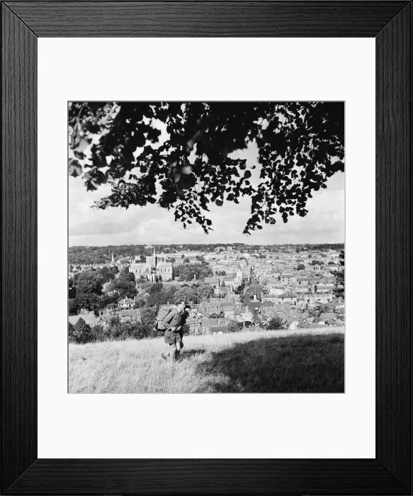 Framed Print : Hikers climb the hills that surround Winchester and its cathedral. September 1952 C4378