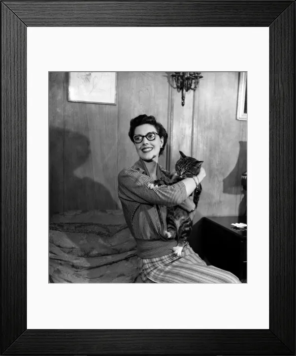 Framed Print : Eve Wynn. Mannequin who wears glasses and looks glamorous seen here with her pet cat Framed Print : Eve Wynn. Mannequin who wears glasses and looks glamorous seen here with her pet cat