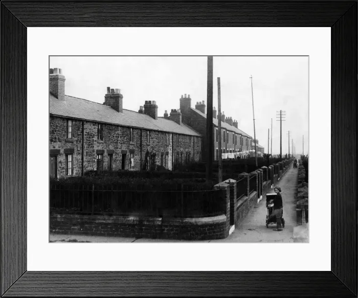 Framed Print : View of a street in Durham, showing a row of houses where miners live May 1936