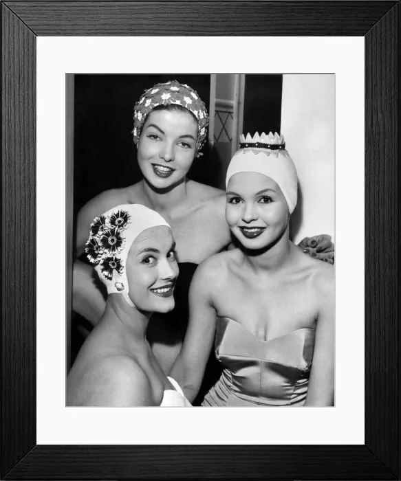 Framed Print : A swimming cap show took place today at the Waldorf Hotel showing Kleinerts bathing caps