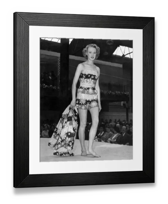 Framed Print : Clothing Beach: A cotton printed play suit being shown on stage catwalk at a fashion show Framed Print : Clothing Beach: A cotton printed play suit being shown on stage catwalk at a fashion show