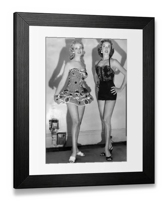 Framed Print : Clothing Beach. Mini dress. Halterneck basque. August 1956 P018068