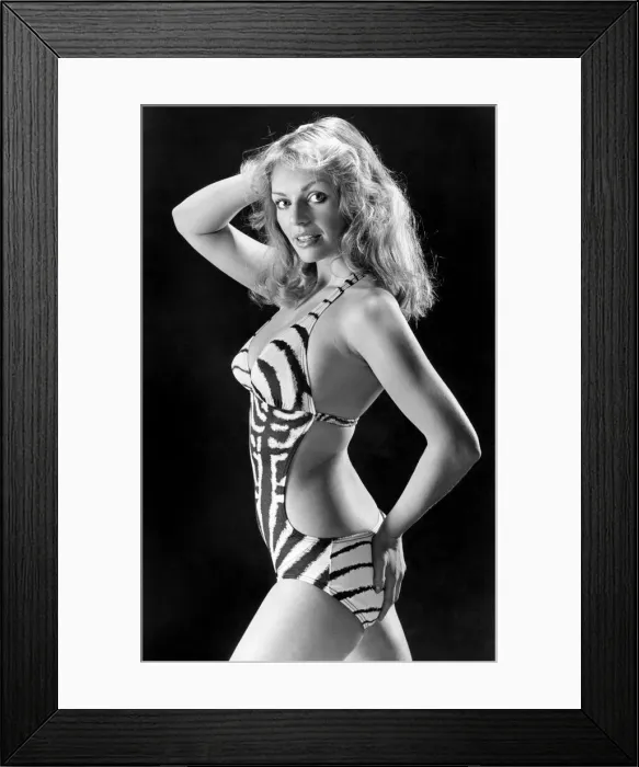 Framed Print : Woman wearing a tiger-skin print one-piece suit which shows a lot of the wearer Framed Print : Woman wearing a tiger-skin print one-piece suit which shows a lot of the wearer