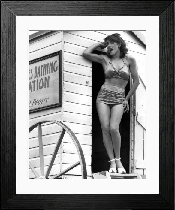 Framed Print : Clothing beachwear: 1940s in war time years when girls were able