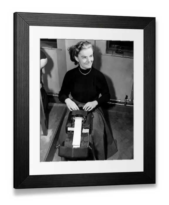 Framed Print : Helen Holme April 1953 Operating a Palantype machine Typing typist secretary