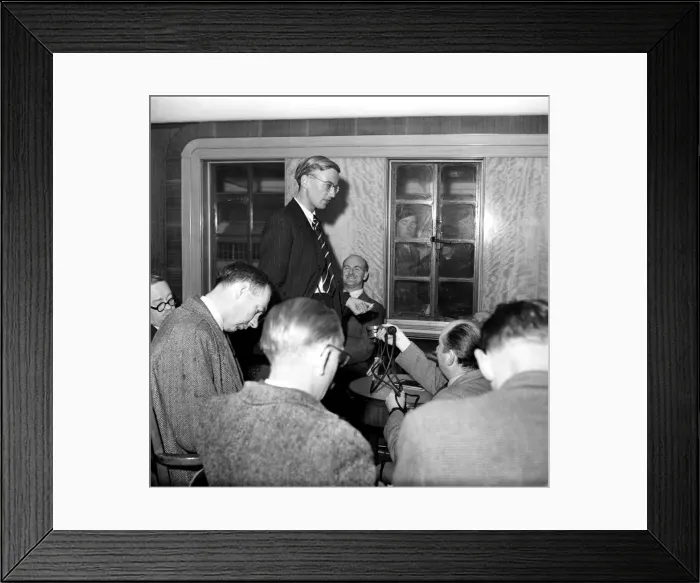 Framed Print : Explorer Sabastian Simon at a press conference. September 1952 C4444 Framed Print : Explorer Sabastian Simon at a press conference. September 1952 C4444